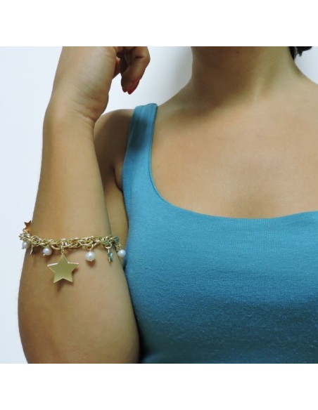Bracciale in Argento Placcato Oro con Perle e Stelle Pendenti
