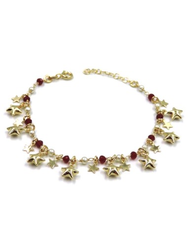 Bracciale Stelle in Argento Placcato Oro Pietre Rosse e Perle