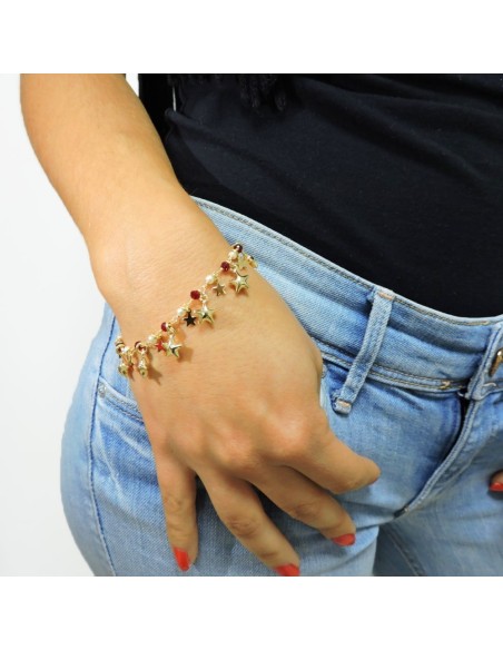 Bracciale Stelle in Argento Placcato Oro Pietre Rosse e Perle