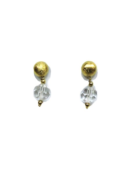 Orecchini in Argento 925 Dorato Satinato Con Pendente Sferico Zircone Bianco 