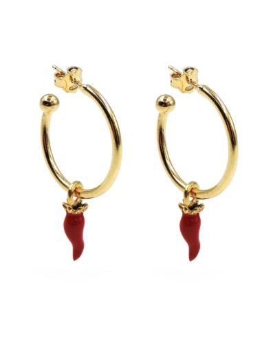  Orecchini Cerchi in Argento 925 Placcato Oro con Corno Rosso