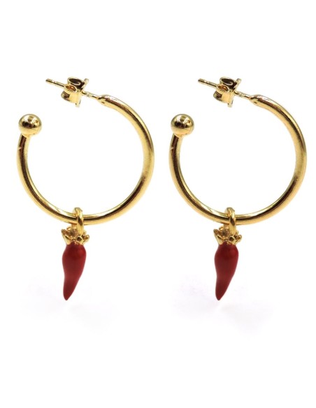  Orecchini Cerchi in Argento 925 Placcato Oro con Corno Rosso