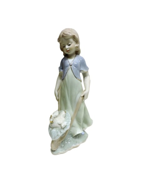 Scultura Bimba  con Carretto in Fine Porcellana Lucida e Biscuit by Siro Time