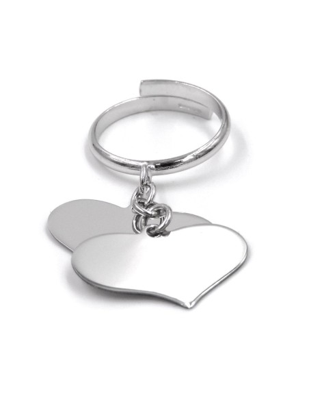 Customizable Sterling Silver Ring with Two Heart Shaped Pendants