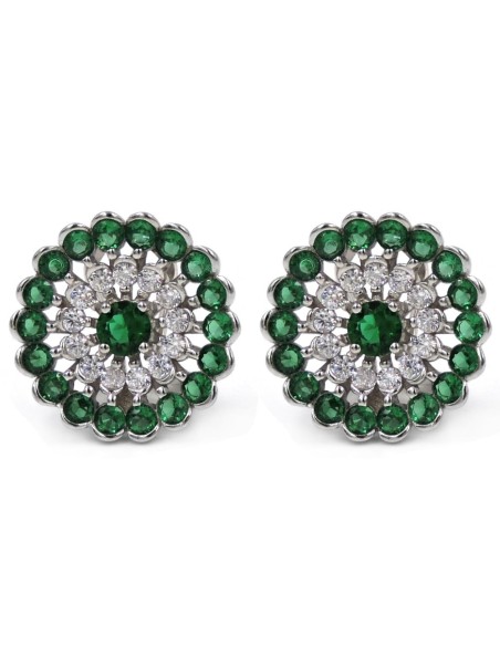 Sterling Silver Round Earrings White and Green Zircons 