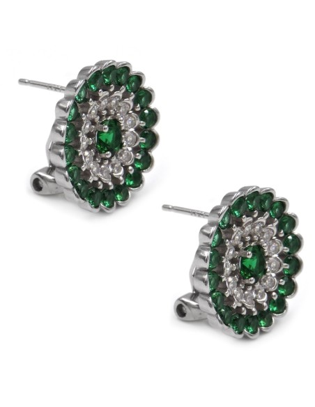 Sterling Silver Round Earrings White and Green Zircons 