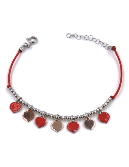 Bracciale Rosso con Pendenti Cuore Rosè e Smaltati