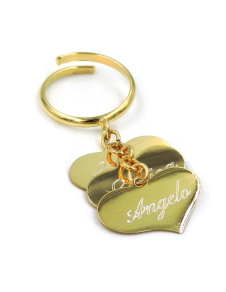 Anello Tre Ciondoli Cuore in Argento 925 Placcato Oro Personalizzabili