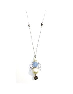 925 Sterling Silver Necklace Cherub Pendant with Pearls and Blue Stone