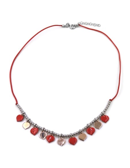 Red Enamelled Rose Gold Plated 925 Sterling Silver Hearts Necklace