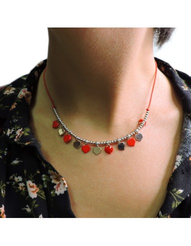 Collana Cordina Rossa con Cuoricini in Argento...