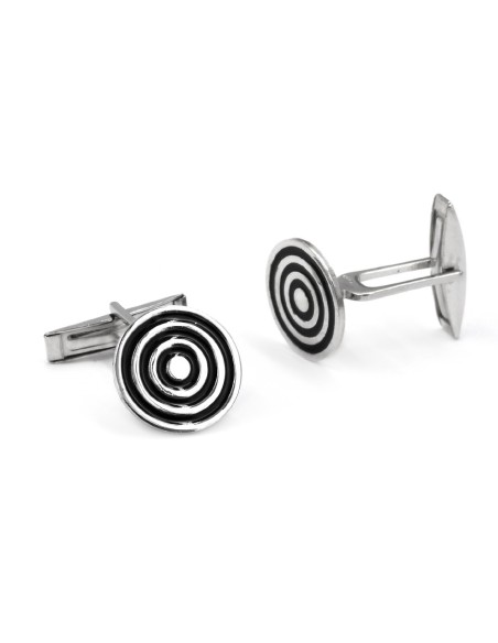 Runde Spiralmanschettenknöpfe aus 925er Sterlingsilber und Schwarzem Emaille