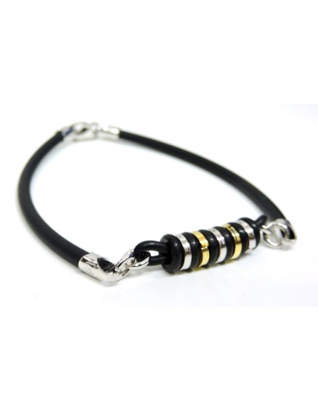 925 Sterling Silver and Rubber Bracelet White and Gold Rings  