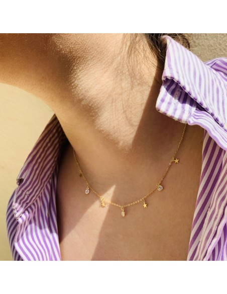 Gold Plated Sterling Silver Stars Necklace White Round Zircons