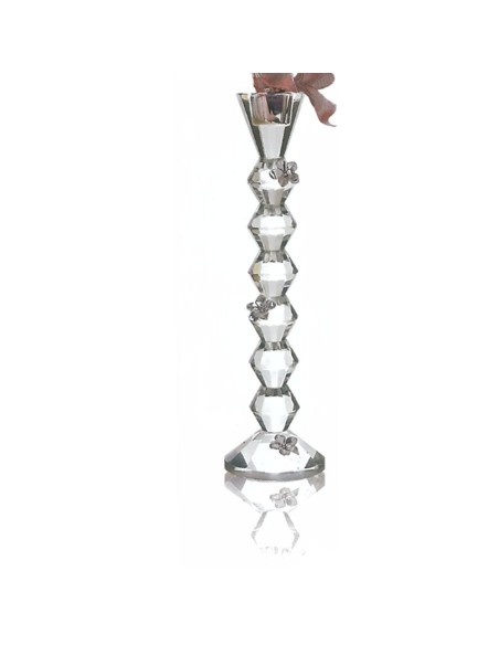 Candelabro Monocera in Cristallo con Inserti Floreali in Argento 