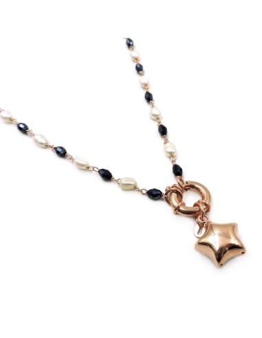 Collana Perle e Zirconi Blu con Stella in Argento Placcato Oro Rosa