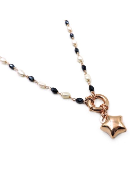 Collana Perle e Zirconi Blu con Stella in Argento Placcato Oro Rosa