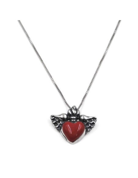 Collana Cuore Alato in Argento Smaltato Rosso