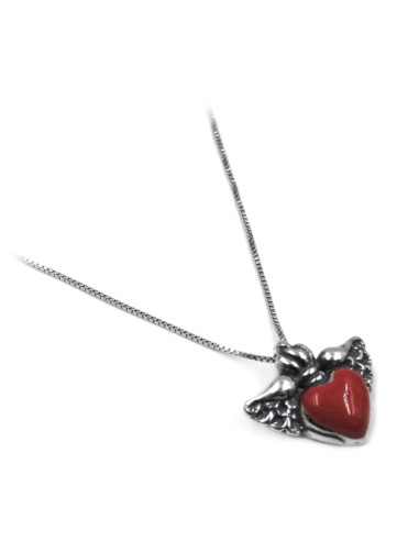 Collana Cuore Alato in Argento Smaltato Rosso