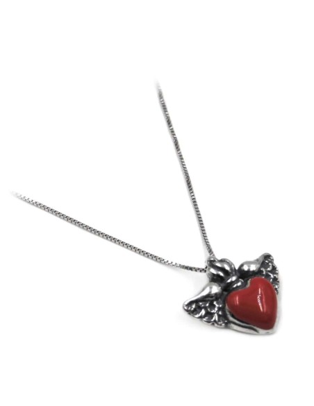 Collana Cuore Alato in Argento Smaltato Rosso