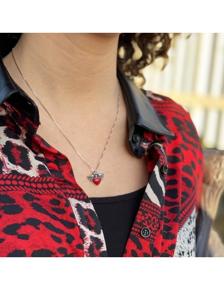 Collana Cuore Alato in Argento Smaltato Rosso