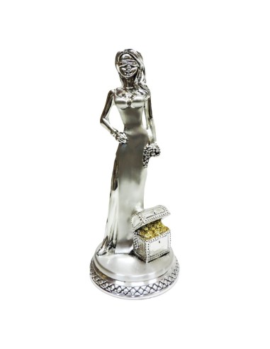 Scultura Dea Bendata con scrigno in Laminato Argento 