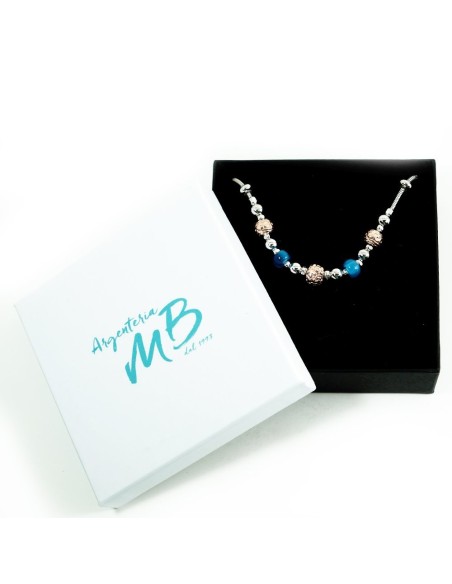 925 Sterling Silver Bracelet With Copper Charms and Blue Stones 