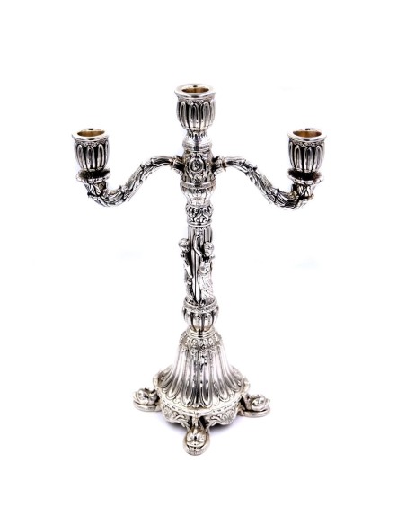 Candelabro Tre Fiamme in Argento 925 Lucido Finemente Decorato