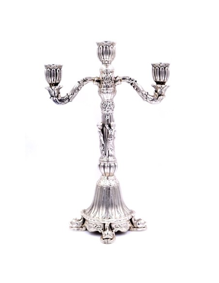 Candelabro Tre Fiamme in Argento 925 Lucido Finemente Decorato