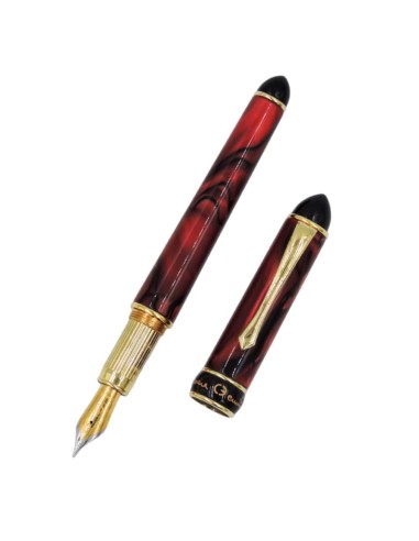 Penna Stilografica in Resina Rossa Venata e Argento Placcato Oro