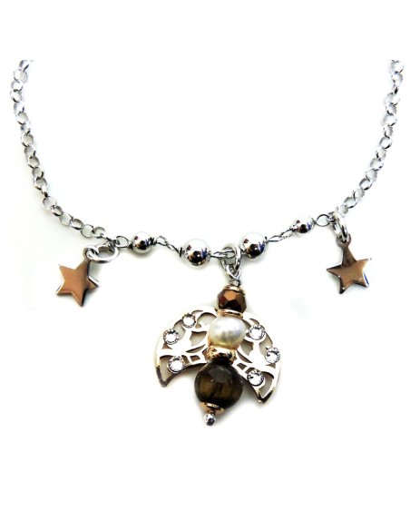 925 Sterling Silver Bracelet With Cherub Pendant with Pearls and Tiger's Eye by Damiano Argenti