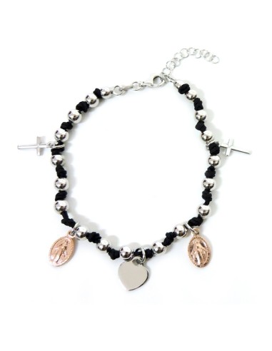 925 Sterling Silver Rhodium Black Rope Rosary Bracelet 