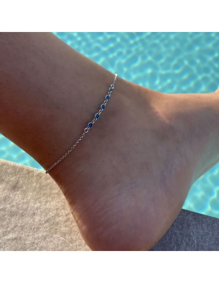 925 Sterling Silver Anklet with Blue Round Zirconia