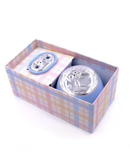 Schnullerhalter mit Blauer Box mit PVD-silbernen Einsätzen und Teddybär
