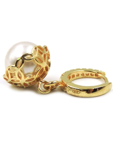 Bell Hoop Earrings with Pearl and Zirconia