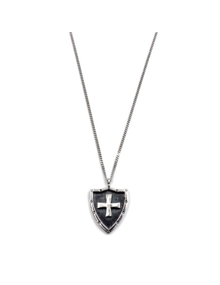 Sterling Silver Curb Necklace with Shield Cross Pendant