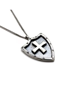 Sterling Silver Curb Necklace with Shield Cross Pendant 2