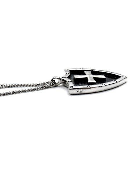 Sterling Silver Curb Necklace with Shield Cross Pendant