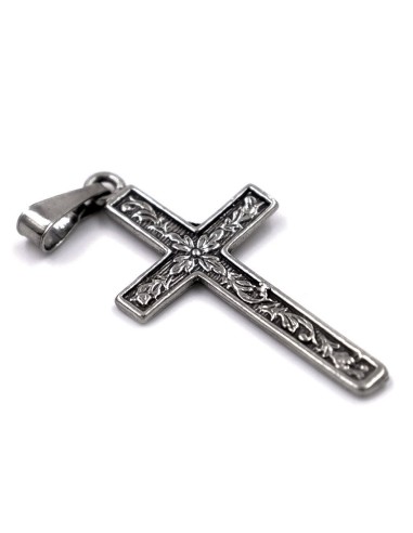 Solid Silver Cross Pendant with Flowers Decor