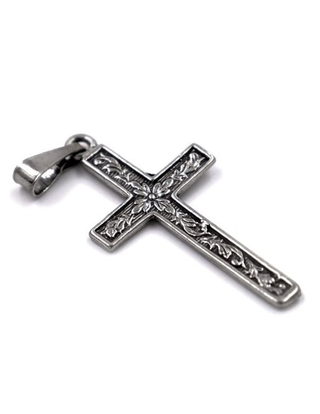 Ciondolo Croce Decoro Fiori in Argento 