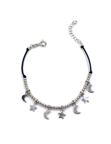 Blue Rope Bracelet with 925 Sterling Silver Stars and Moon Pendants