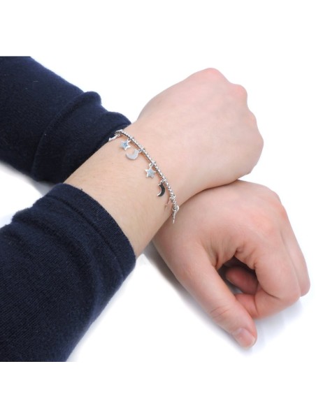 Bracciale Cordina blu con pepite e Ciondoli Stelle e Luna in Argento 925