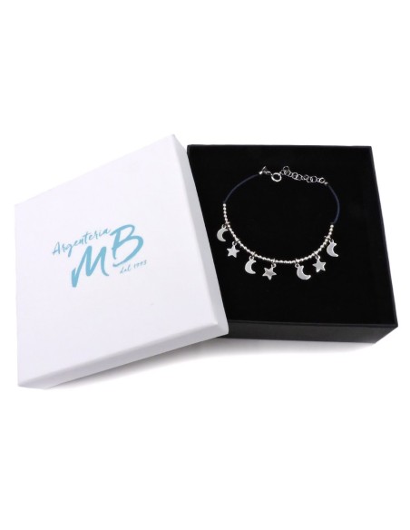 Blue Rope Bracelet with 925 Sterling Silver Stars and Moon Pendants