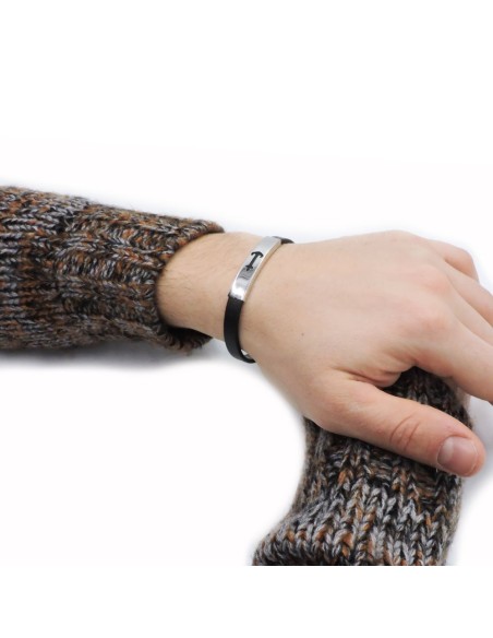 Bracciale Uomo in Caucciù e Argento 925 Fascetta con Ancora