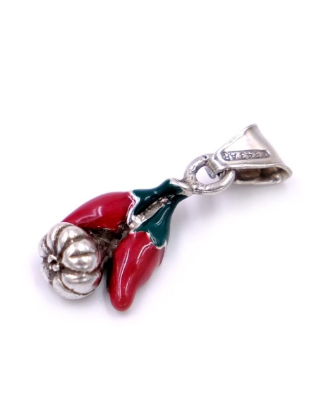 Red Enamelled Solid Silver Couple of  Chili Peppers and Garlic Pendant 