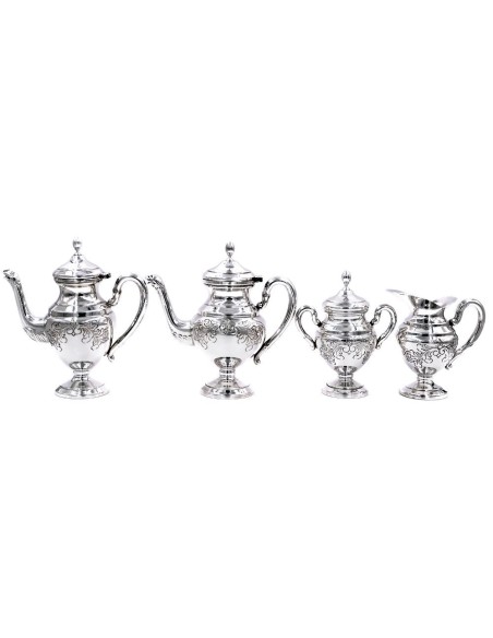 Servizio da Tè e Caffè in Argento 800 Cesellato Quattro Pezzi