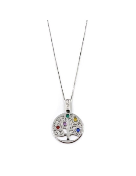 925 Sterling Silver Tree of Life Necklace with Colored Glass Inserts