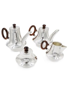 Italian Solid Silver Tea and Coffee Set with Oval Wooden...