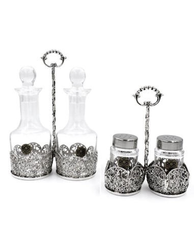 Solid Silver and Fine Crystal Cruet Set with Flowers Decoration