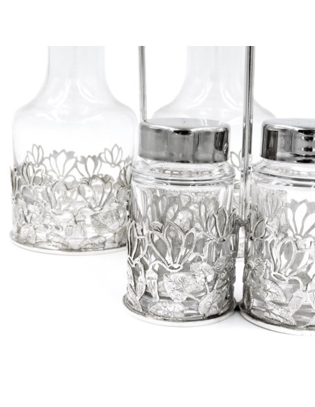 Solid Silver and Fine Crystal Cruet Set with Leaves Decoration